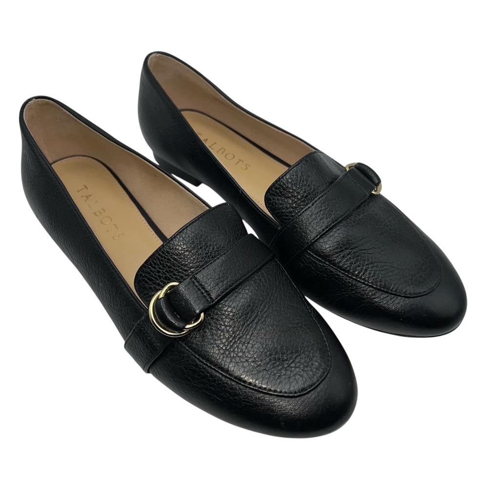 Talbots Black‎ Leather Loafer Flats Buckle Gold Accent Womens Size 7.5 M